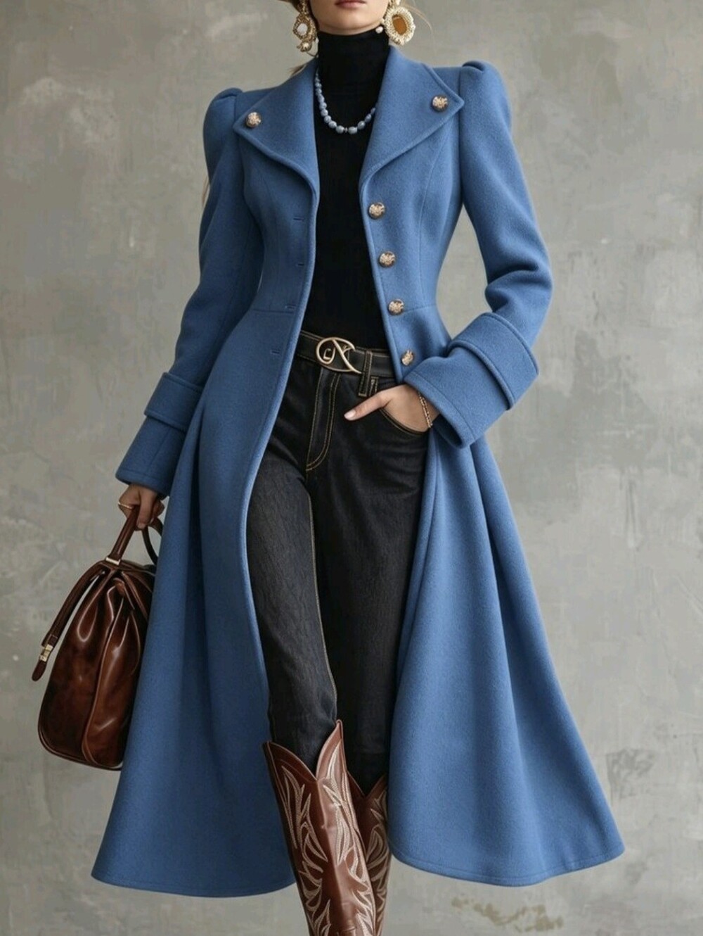 Women's  Blend Long Coat With Large Lapel, Cinched Waist And Metal Button Decora